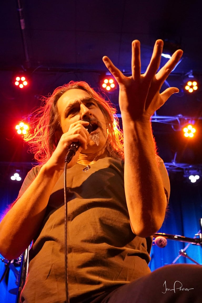 Male performer singing into microphone on stage with long hair, wearing dark shirt, hand raised expressively, surrounded by red and blue stage lights