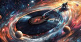 Vinyl record styled as a cosmic galaxy with a turntable needle, surrounded by swirling nebulas and glowing planets in space