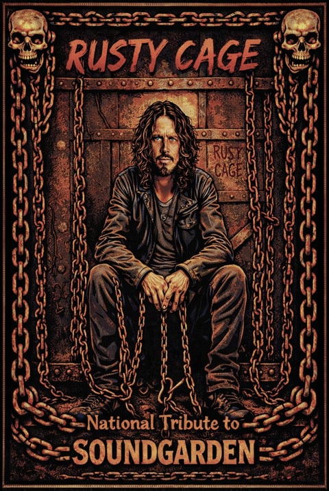 Poster for Rusty Cage National Tribute to Soundgarden featuring a man with long dark hair sitting chained in a rusted cage