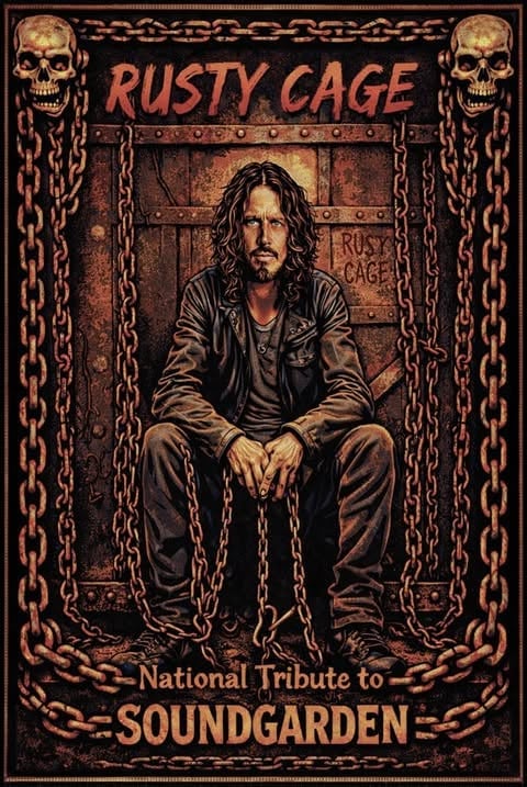 Poster for Rusty Cage National Tribute to Soundgarden featuring a man with long dark hair sitting in chains against a rustic metal background