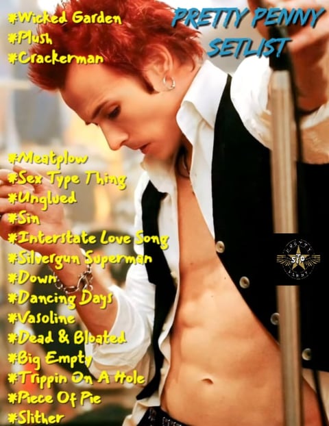 Woman with short red hair wearing blazer over bare chest, displaying playlist with song titles overlaid on image