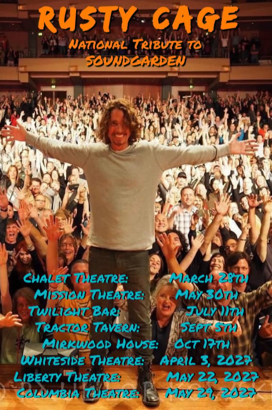 Rusty Cage National Tribute to Soundgarden tour poster featuring man with arms raised before cheering crowd at indoor venue