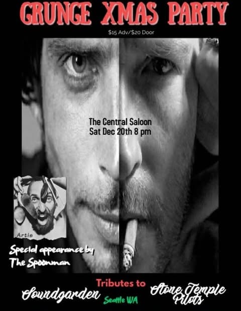 Grunge Xmas Party flyer for The Central Saloon on Dec 20th, featuring tribute bands Soundgarden and Stone Temple Pilots