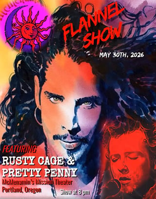 Colorful concert poster for Flamer Show on May 30th, 2026, featuring Rusty Cage and Pretty Penny at McMenamins Mission Theater in Portland, Oregon