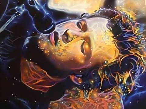 Surreal digital art of a persons face dissolving into golden and blue cosmic particles and energy waves against a dark starry background