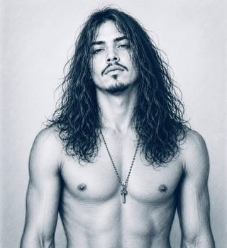 Black and white portrait of a shirtless man with long dark hair and a goatee, wearing a cross pendant necklace