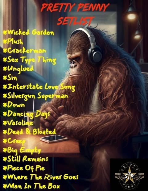A primate wearing headphones and sitting at a desk with a laptop, next to a song setlist titled Pretty Penny Setlist